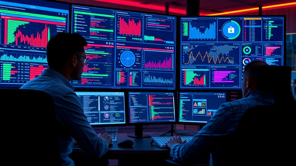 Cybersecurity analyst monitoring multiple alert dashboards on large screens in a modern security operations center, showing real-time threat detection visualizations and network monitoring interfaces