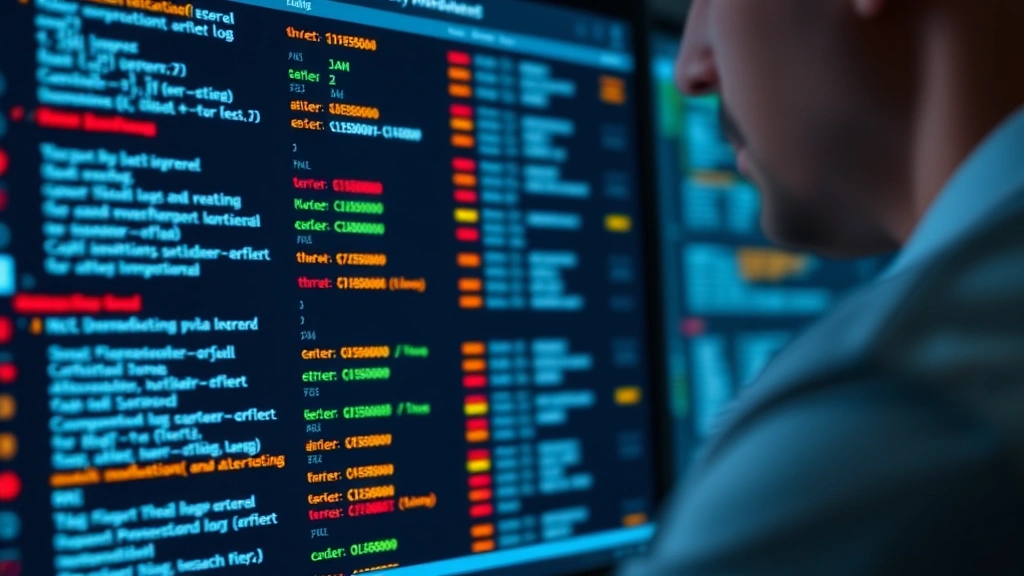 Close-up of a security professional reviewing alert logs on a computer monitor, with glowing red and yellow warning indicators visible on the screen, representing threat severity levels