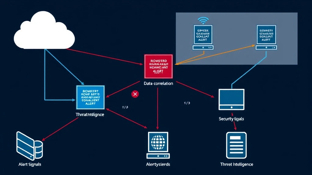 Network security diagram showing interconnected systems with alert signals flowing between firewalls, servers, and security tools, illustrating data correlation and threat intelligence integration