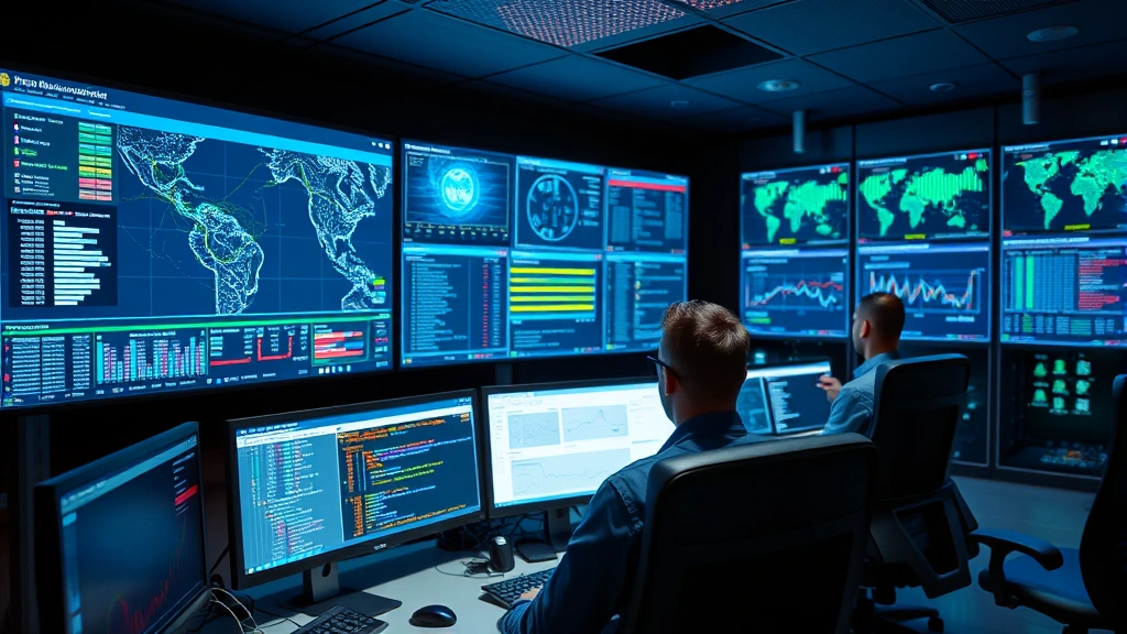 Cybersecurity operations center with security analysts monitoring multiple screens displaying network traffic patterns, threat detection alerts, and real-time security metrics in professional data center environment