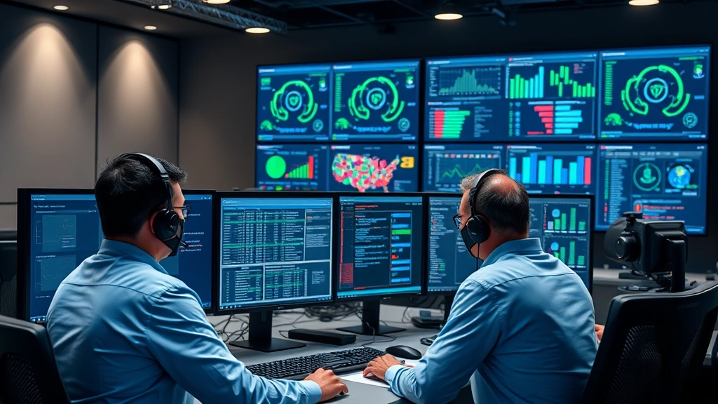 Cybersecurity professionals collaborating at monitoring station with multiple displays showing network security dashboards and threat analysis data in modern security operations center
