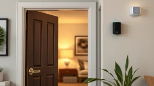 Photorealistic image of a modern home interior with multiple smart devices visible including Echo speaker, smart lock on door, and security camera mounted on wall, warm lighting, no text