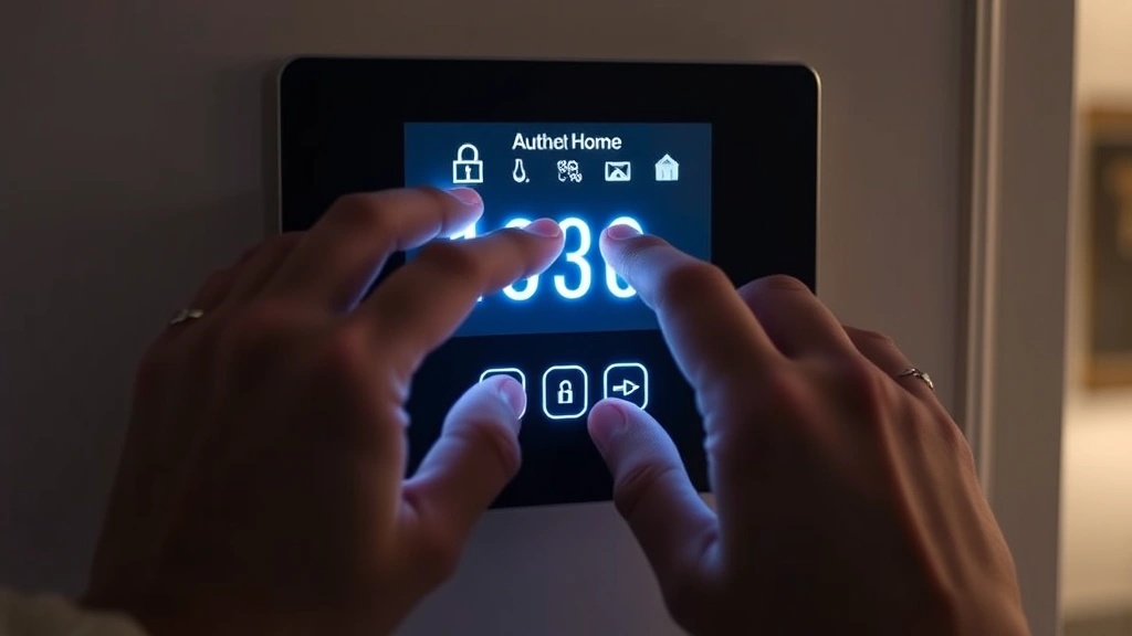 Photorealistic photograph of hands entering a security code on a smart home control panel, digital interface glowing softly, secure authentication visualization, no visible text or code