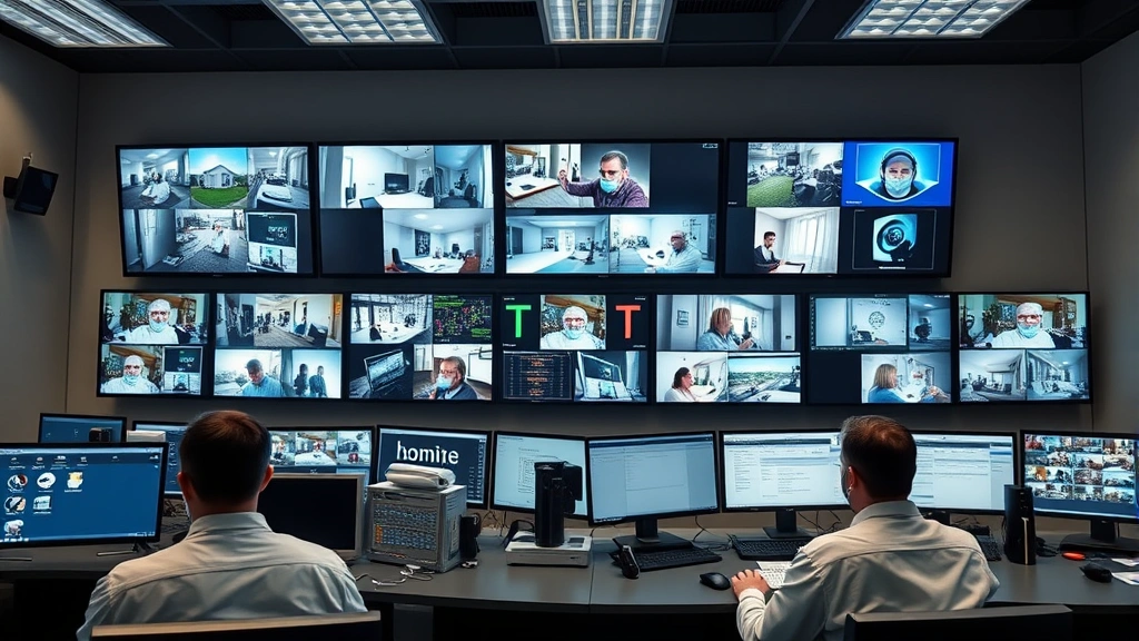 Photorealistic image of a professional security monitoring center with multiple screens showing home security feeds and alerts, operators at workstations, professional environment, no readable screen content
