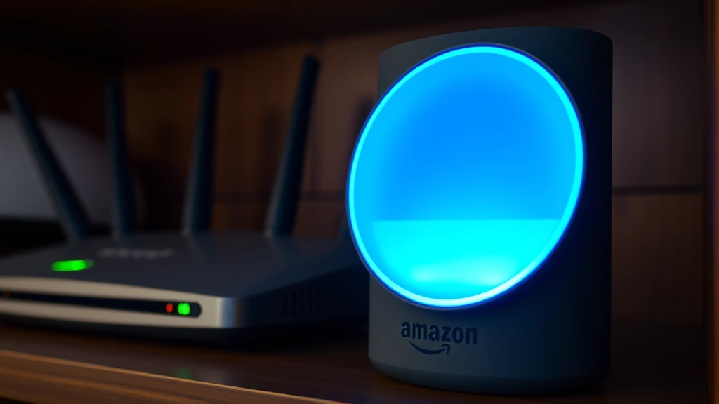 Close-up of a modern Amazon Echo device with a glowing blue ring, sitting on a home shelf next to a secure WiFi router with green indicator lights, photorealistic smart home security setup