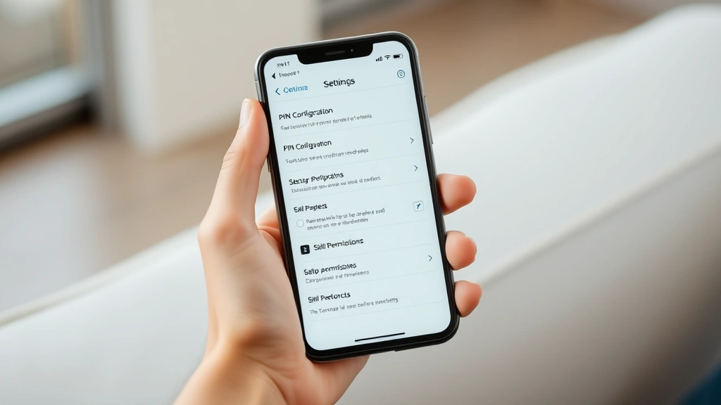 Hands holding a smartphone displaying Alexa app security settings menu with PIN configuration and skill permissions controls, modern minimalist interface on mobile screen
