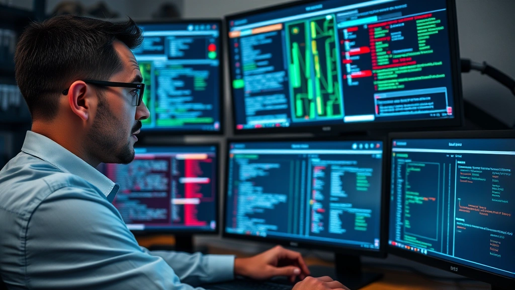 Professional cybersecurity analyst at desk reviewing network traffic visualization on multiple monitors showing encrypted connections and device security status, focused intense expression