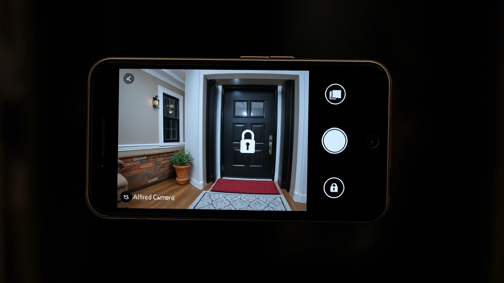 Smartphone displaying Alfred Camera app interface with live video feed from home entrance, secure lock icon visible, dark professional interface design