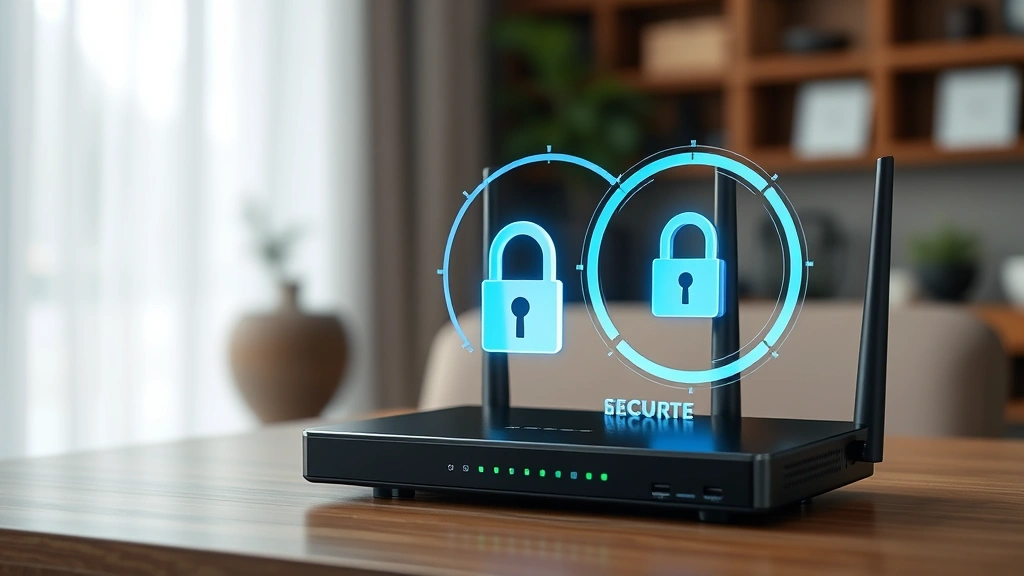 WiFi router with security padlock overlay, representing encrypted network protection for smart home camera system, modern home setting