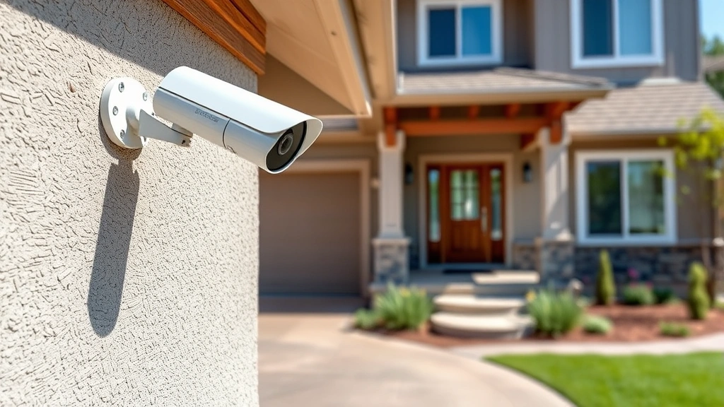 Security camera mounted on home exterior wall at optimal height, covering driveway and entrance, professional installation setup with clear field of view