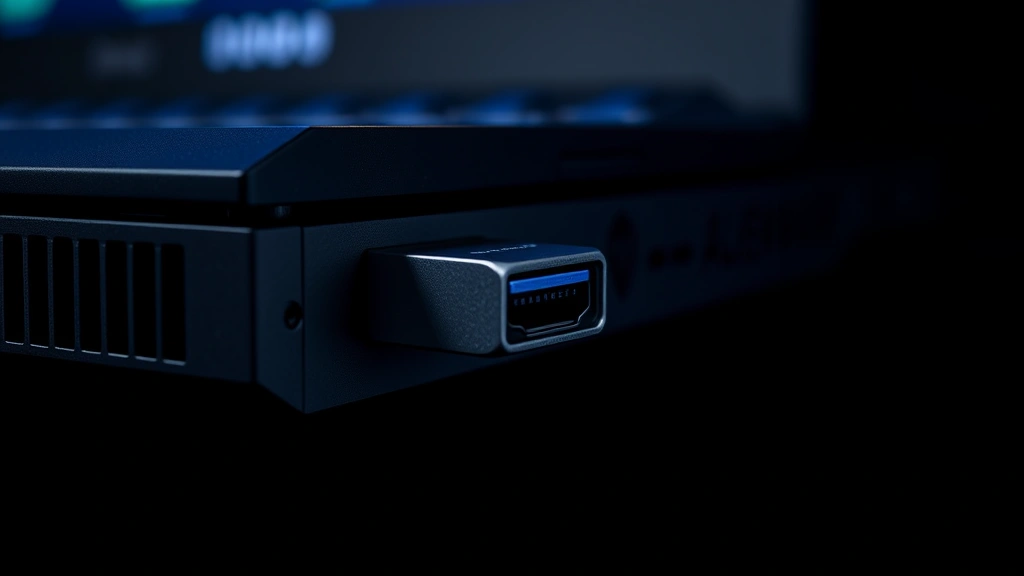 Close-up of Alienware laptop Thunderbolt port with metallic connector, professional photography, dark background with subtle blue lighting, hardware security concept
