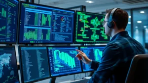 Professional cybersecurity analyst monitoring network traffic on multiple digital displays, showing data streams and network connections, modern office environment, blue and green holographic interface elements