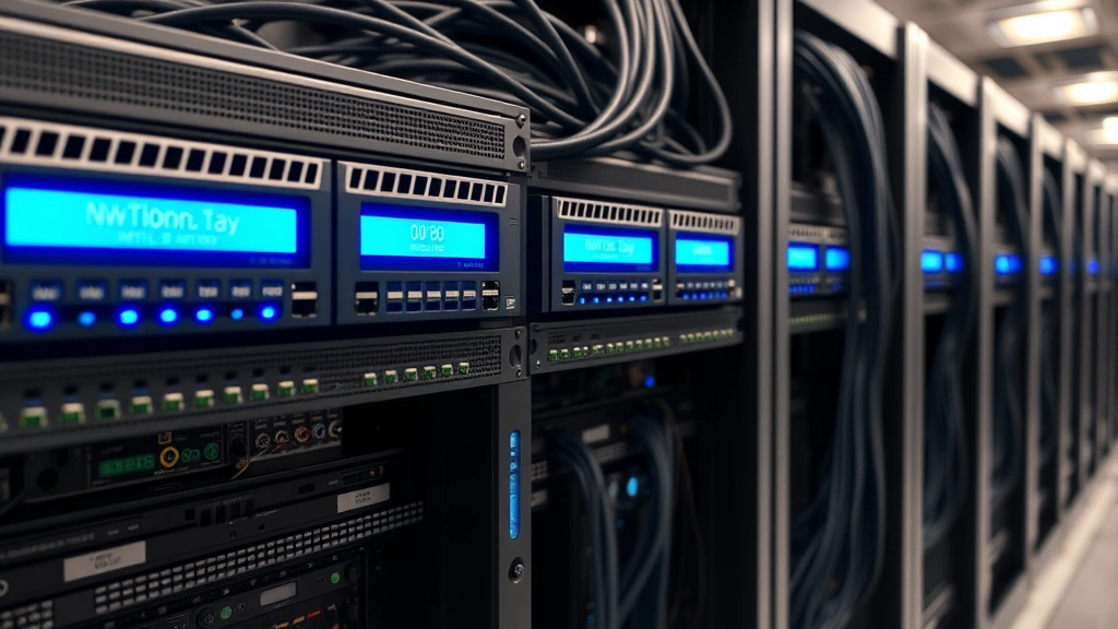 Professional data center with multiple advanced network firewall appliances mounted in server racks, blue LED indicators glowing, cables organized neatly, representing secure infrastructure protection