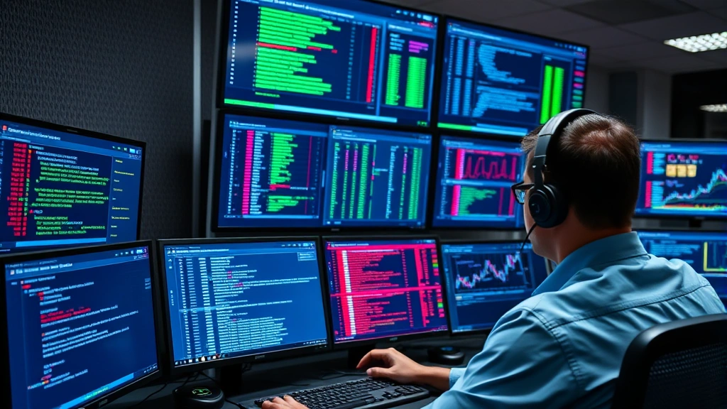 Cybersecurity analyst monitoring network traffic on multiple displays showing real-time threat detection and firewall activity logs, command center environment with professional atmosphere