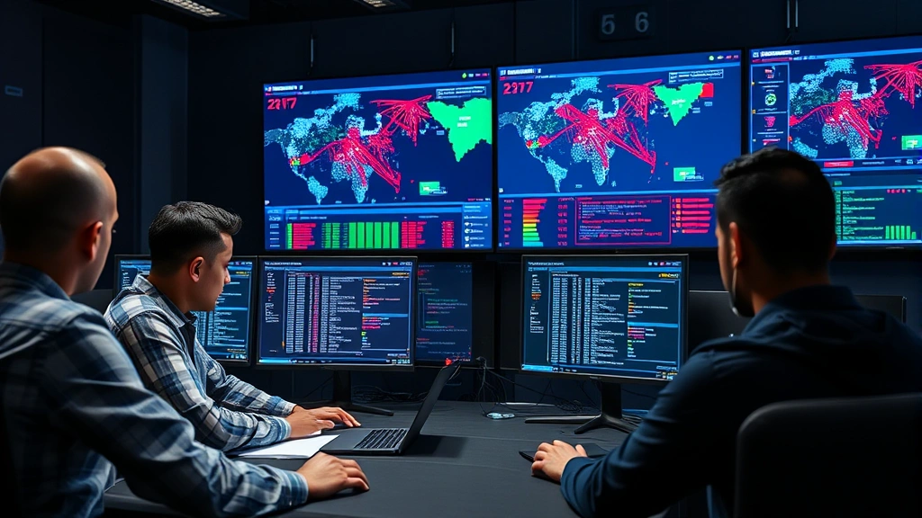 Cybersecurity team conducting incident response meeting, multiple screens displaying network maps and threat indicators, serious professional atmosphere, collaborative security operations center environment