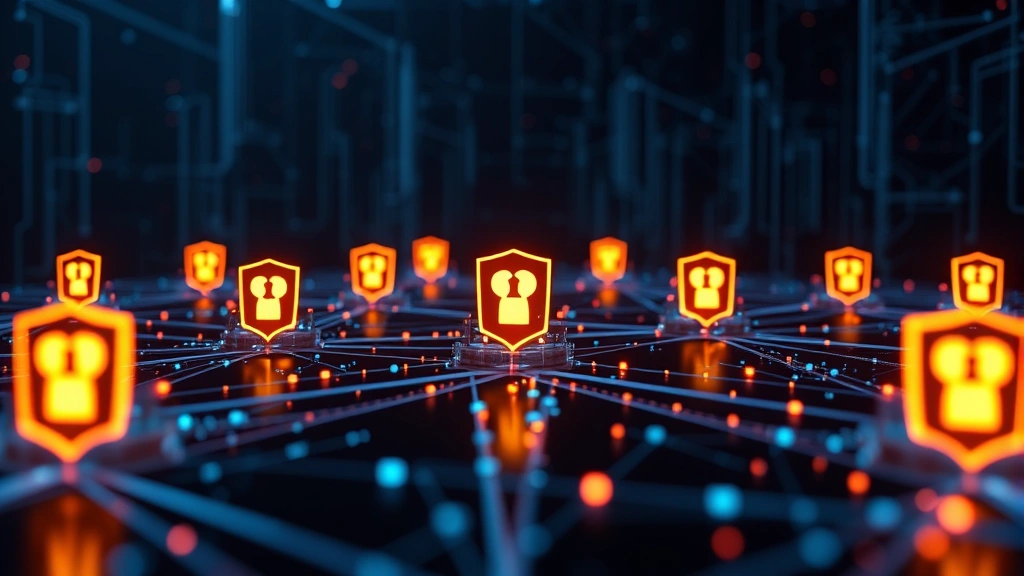 Digital security visualization showing network nodes protected by glowing shield barriers, representing firewall protection layers defending critical infrastructure against cyber threats