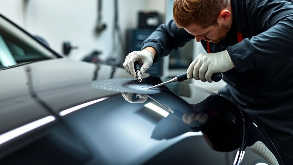 Professional detailer applying ceramic coating to car hood with precision tools and controlled lighting in detailing studio environment