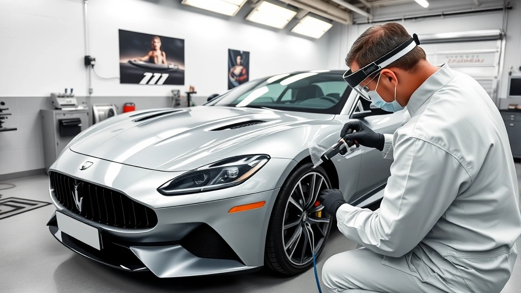 Professional ceramic coating application on luxury vehicle in climate-controlled automotive facility, technician in protective gear carefully applying coating with precision tools, pristine workshop environment