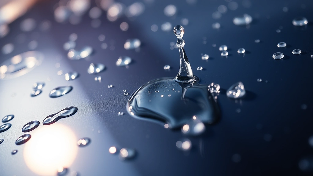 Close-up macro photography showing water beading on ceramic coated car surface with dramatic lighting emphasizing hydrophobic properties