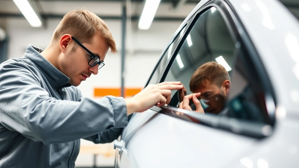 Expert automotive technician inspecting painted vehicle surface under professional lighting, examining paint protection film edge quality, detailed quality control inspection in professional shop setting
