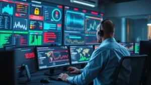 Photorealistic image of cybersecurity professional monitoring multiple security dashboards and threat alerts on large screens in a modern network operations center, showing integrated security monitoring systems with data visualization, no text visible