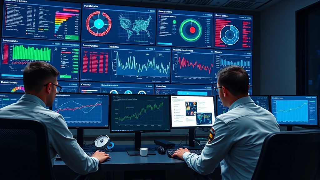 Cybersecurity operations center with multiple security professionals monitoring real-time threat intelligence dashboards displaying network traffic analysis and endpoint protection metrics