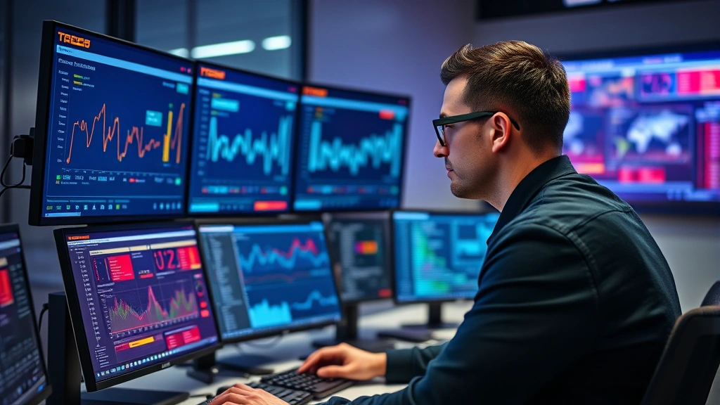 Professional cybersecurity analyst monitoring multiple digital security dashboards displaying real-time threat detection and network traffic analysis on computer screens in modern security operations center