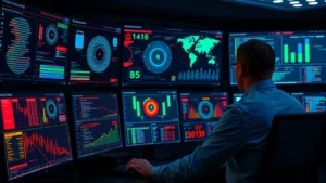 Professional cybersecurity analyst monitoring multiple security dashboards on large displays in a modern security operations center, showing real-time threat detection systems and network monitoring interfaces with glowing data visualizations