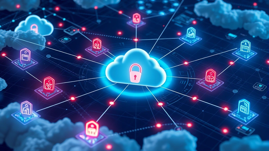Advanced network security infrastructure visualization showing interconnected nodes, firewalls, endpoints, and cloud systems protected by unified security barriers, with threat indicators and protection status indicators visible throughout the digital landscape