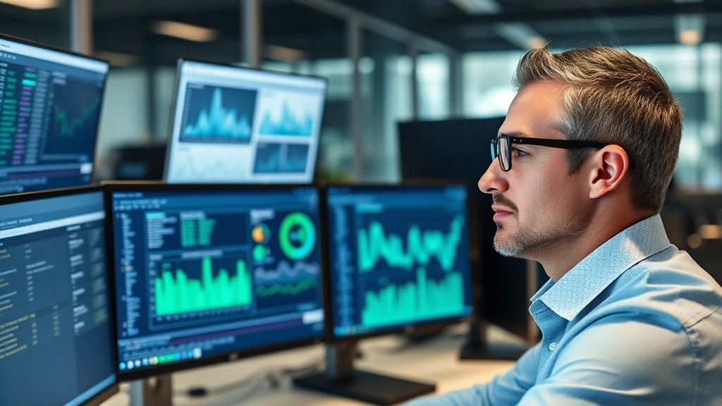 Professional cybersecurity analyst monitoring multiple computer screens displaying network traffic and security dashboards, focused expression, modern office environment, blue and green data visualizations