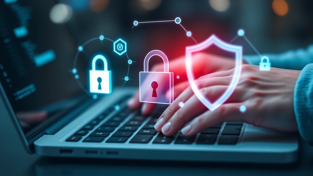 Close-up of hands typing on laptop keyboard with digital padlock and shield security icons floating above, representing data protection and encryption, modern tech aesthetic