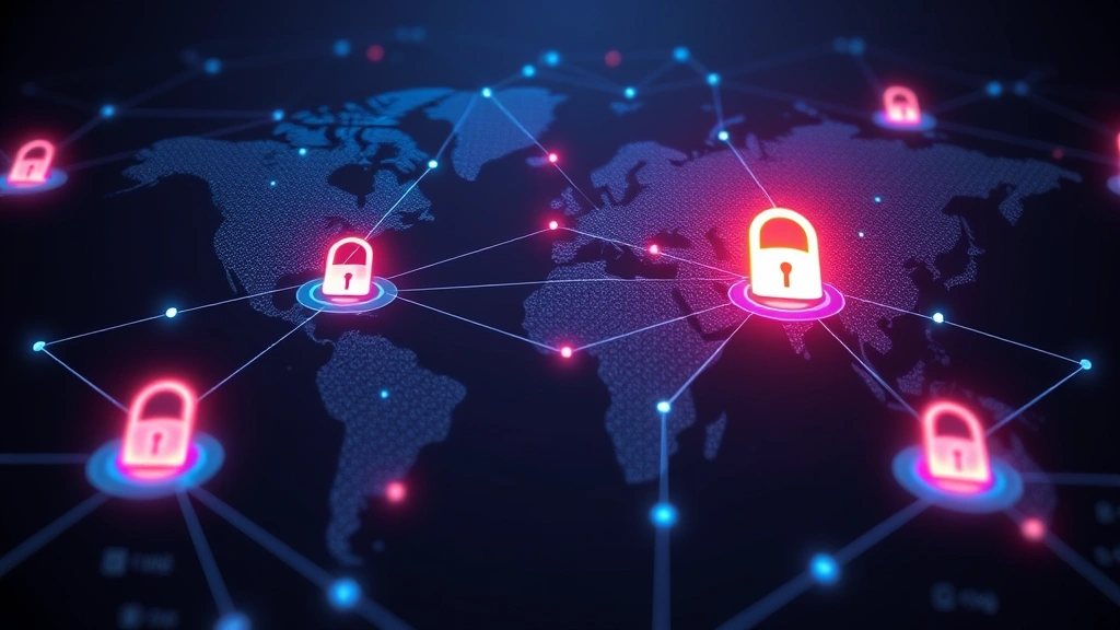 Network infrastructure visualization showing interconnected nodes and digital security barriers, representing firewall protection and secure data transmission, dark background with glowing connections