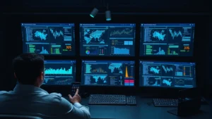 Cybersecurity professional monitoring security dashboard with multiple screens displaying network traffic and threat alerts, dark modern control room setting with blue and green data visualizations