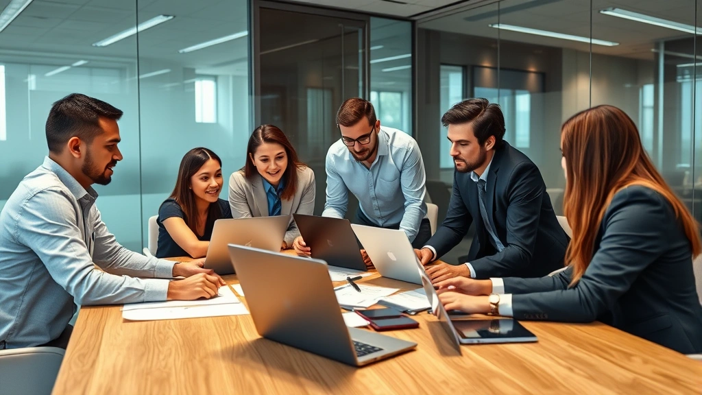 Team of diverse security experts in conference room collaborating on incident response plan with laptops and security documentation visible, professional corporate environment with focus on teamwork