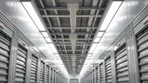 Professional self storage facility interior with rows of secure metal unit doors, bright fluorescent lighting, and visible security cameras mounted on ceiling, photorealistic