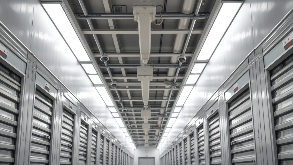Professional self storage facility interior with rows of secure metal unit doors, bright fluorescent lighting, and visible security cameras mounted on ceiling, photorealistic