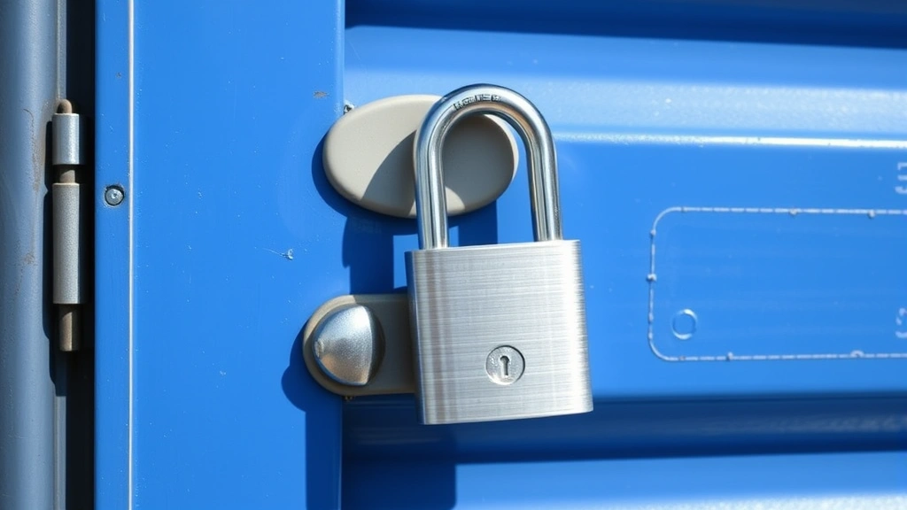 Close-up of high-security padlock on blue self storage unit door showing hardened steel construction and anti-picking features, daylight photography