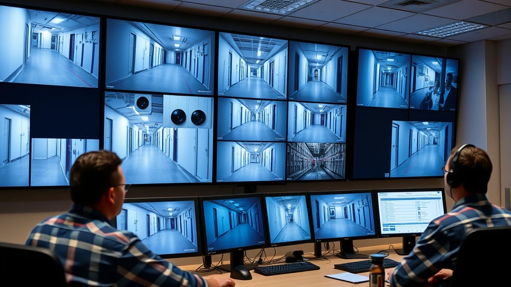 Security control room monitor displaying multiple camera feeds from storage facility showing hallways and access points, professional environment with operators present