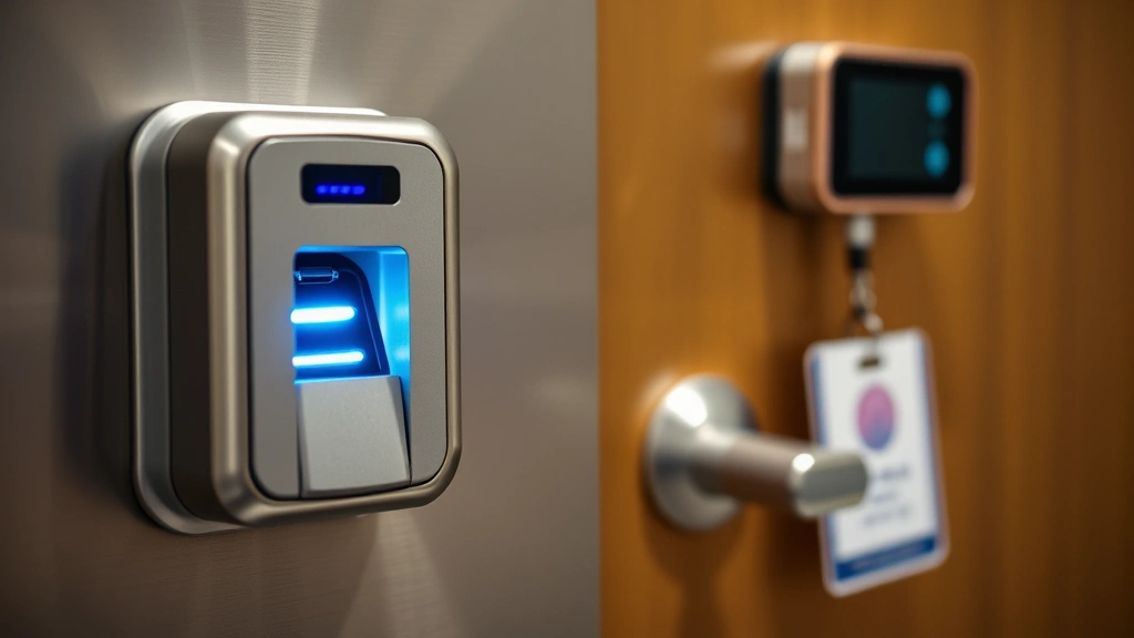 Close-up of a modern biometric fingerprint scanner and access control badge reader on a secure door, representing physical security authentication mechanisms