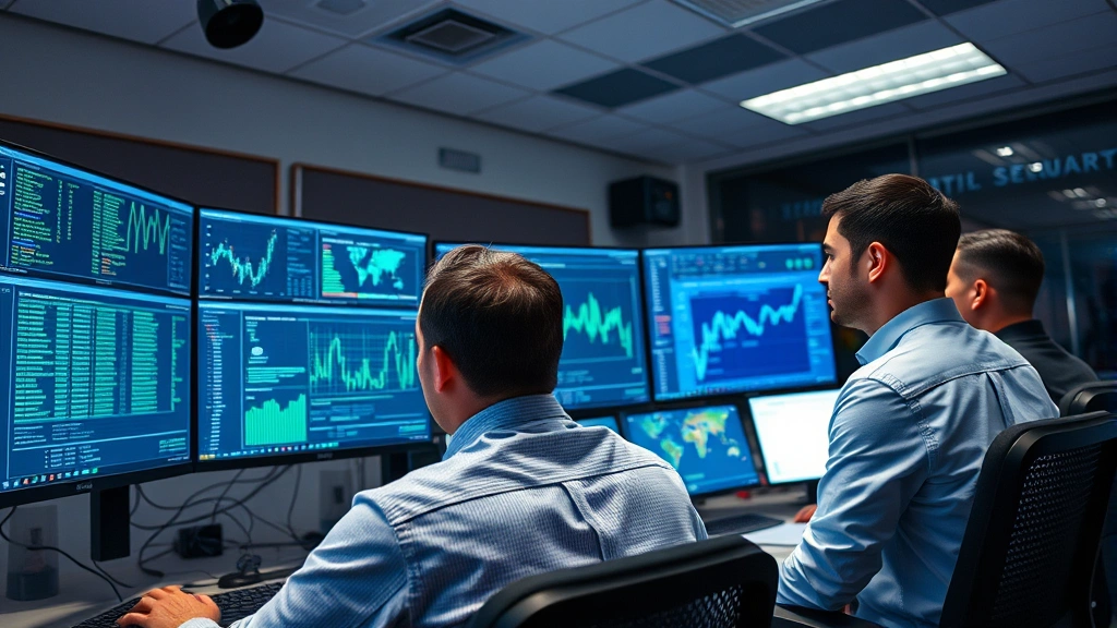 Professional cybersecurity team monitoring multiple screens in a modern security operations center, displaying network traffic and threat dashboards with blue and green data visualizations, focused concentration on security monitoring