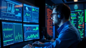 Professional cybersecurity analyst monitoring multiple dashboard screens displaying real-time threat alerts and network traffic patterns in a modern security operations center with blue and green data visualizations, photorealistic lighting