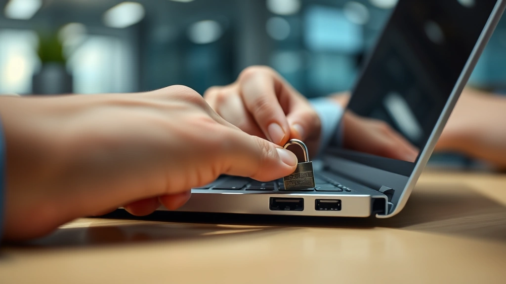 Close-up of a person's hand inserting a hardware security key into a laptop USB port, modern office environment, professional photography style, shallow depth of field