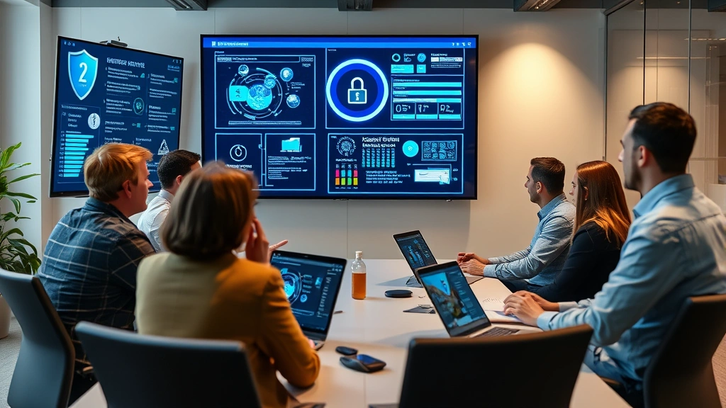 Business professionals in a training session reviewing security protocols on large display screens, diverse team engaged in cybersecurity awareness and knowledge sharing in modern office environment