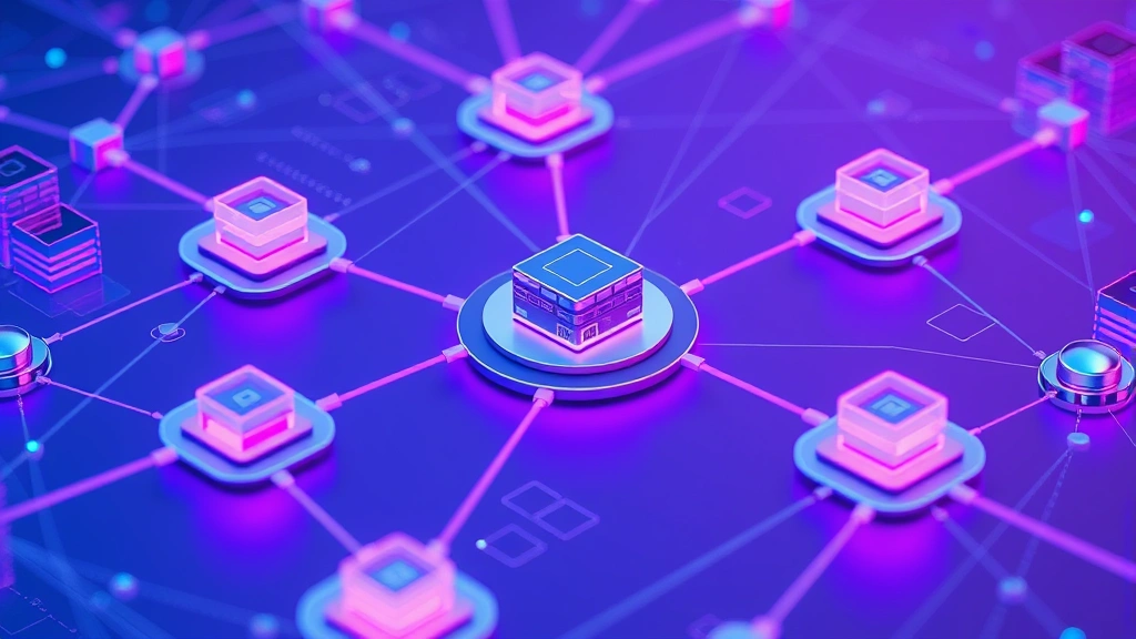 Network diagram visualization showing interconnected nodes with firewalls and security layers protecting central data servers, abstract but photorealistic 3D rendering style, blue and purple color scheme