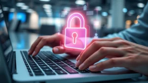 Close-up of hands typing on a laptop keyboard with a digital padlock hologram glowing above the keyboard, representing secure account access and password protection in a modern office environment with blue ambient lighting