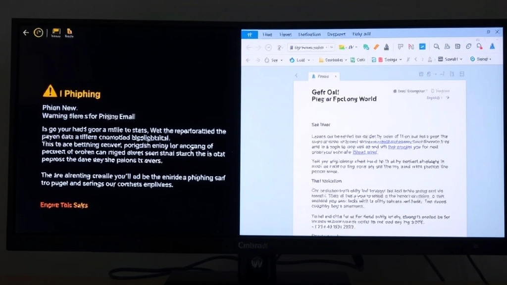 Split-screen view showing a phishing email example on the left side with warning indicators, and a legitimate email on the right side, both displayed on a computer monitor to illustrate the difference between dangerous and safe communications