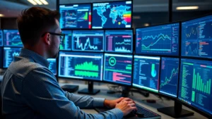 Professional cybersecurity analyst monitoring multiple screens displaying network traffic patterns, security dashboards, and threat alerts in a modern SOC environment with blue and green data visualizations
