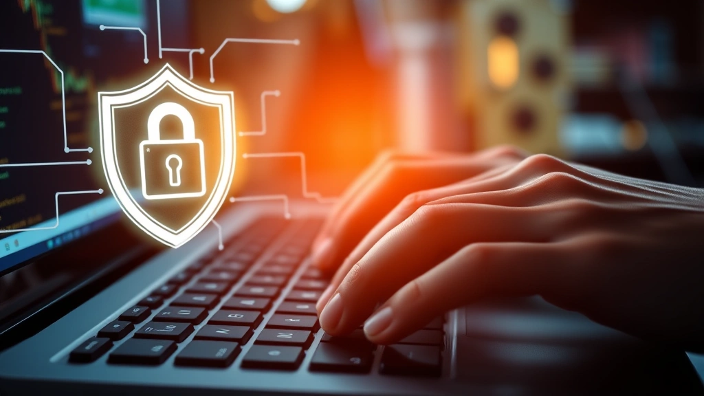 Close-up of hands typing on a keyboard with a digital lock icon and shield symbol glowing above, representing data protection and secure access in a tech workspace