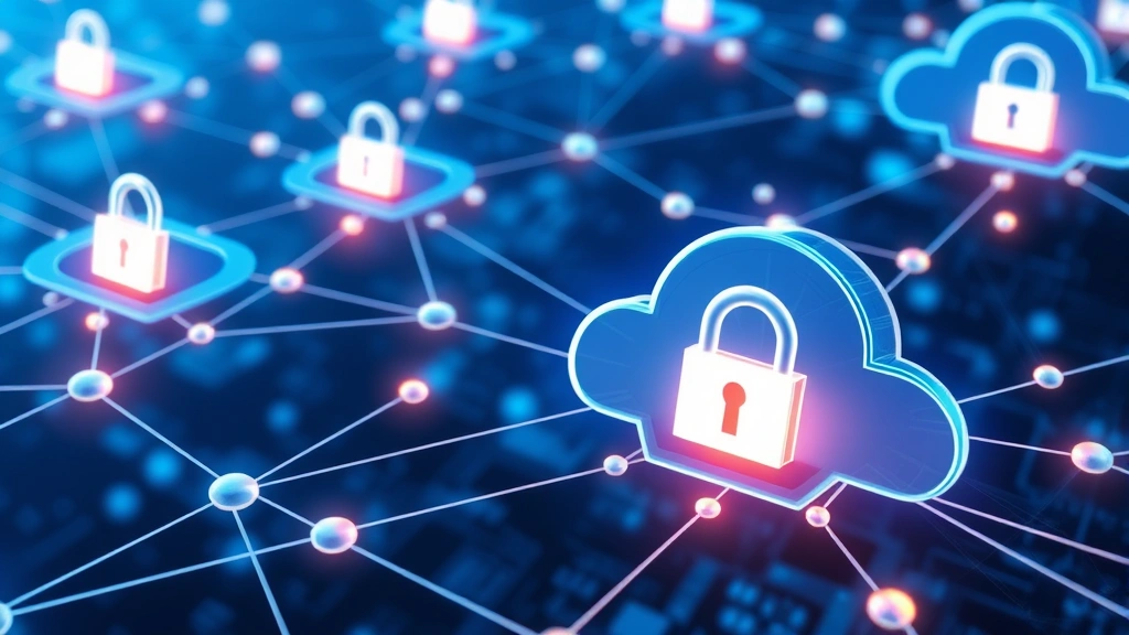 Digital representation of interconnected network nodes with encryption locks and security barriers, showing layers of protection across cloud infrastructure and distributed systems