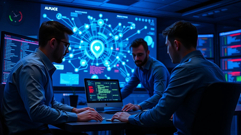 Cybersecurity professionals collaborating around a digital network visualization displaying interconnected nodes and threat indicators in a modern security operations center with blue ambient lighting
